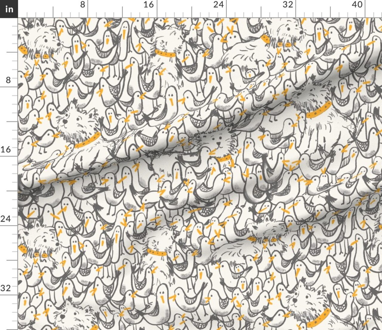 Whimsical Seagulls Dog Puppy Gray White Yellow Westie West Highland Terrier Custom Printed Fabric by Spoonflower Various Fabrics by the Yard or Fat Quarter